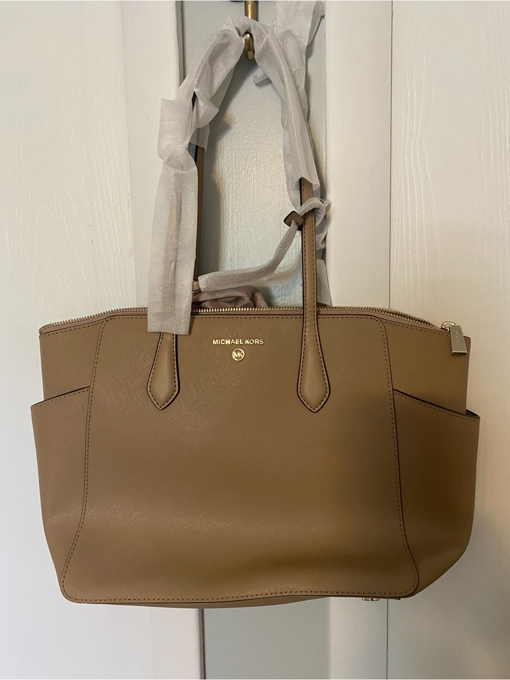 Michael Kors Taupe Leather Saffiano Tote with Side Pockets